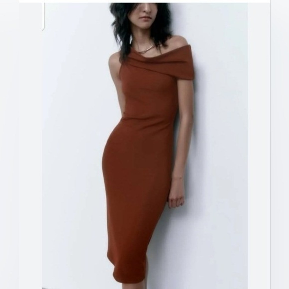 ZARA Womens Brown Midi Dress L Off Shoulder Drape Neck Sheath Bodycon Cocktail